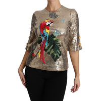 Dolce & Gabbana Gold Parrot Motif Crewneck Blouse with Crystals