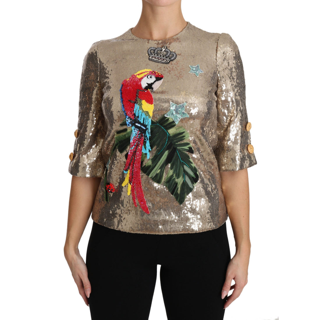 Dolce & Gabbana Gold Parrot Motif Crewneck Blouse with Crystals