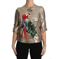 Dolce & Gabbana Gold Parrot Motif Crewneck Blouse with Crystals