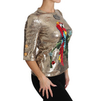 Dolce & Gabbana Gold Parrot Motif Crewneck Blouse with Crystals