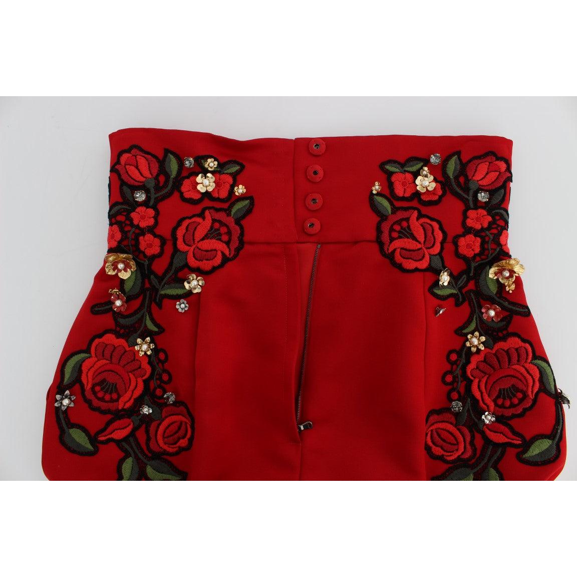 Dolce &amp; Gabbana Red Silk Crystal-Embellished Mini Shorts