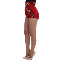 Dolce & Gabbana Red Silk Crystal-Embellished High Waist Shorts