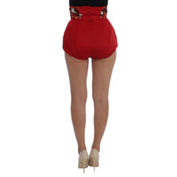 Dolce & Gabbana Red Silk Crystal-Embellished High Waist Shorts