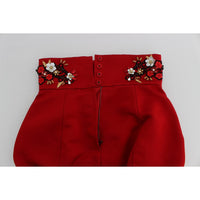 Dolce & Gabbana Red Silk Crystal-Embellished High Waist Shorts