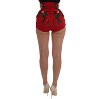 Dolce & Gabbana Glamorous Red Silk Floral Embroidered Shorts