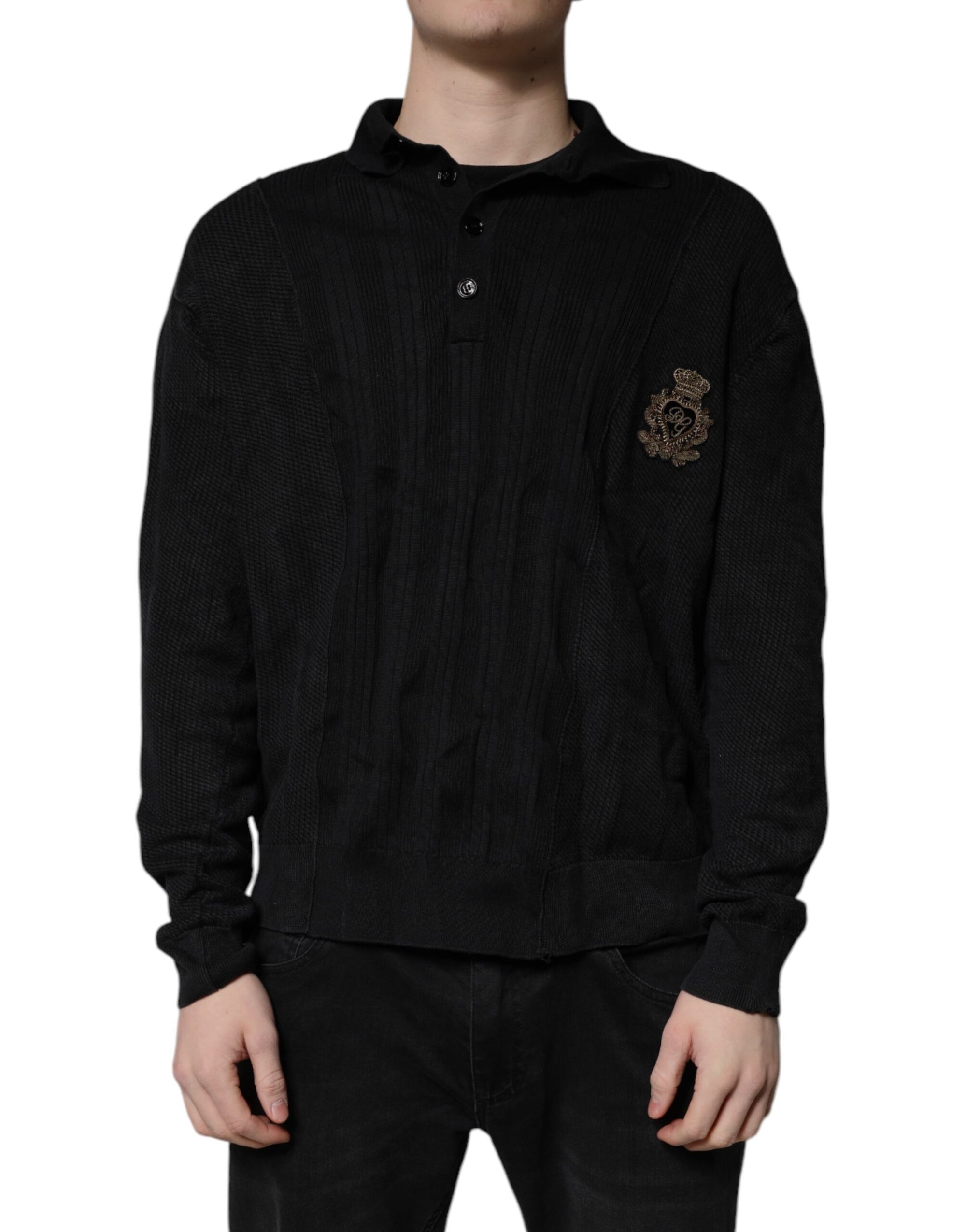 Dolce &amp; Gabbana Black Heraldic Silk Buttoned Pullover Sweater