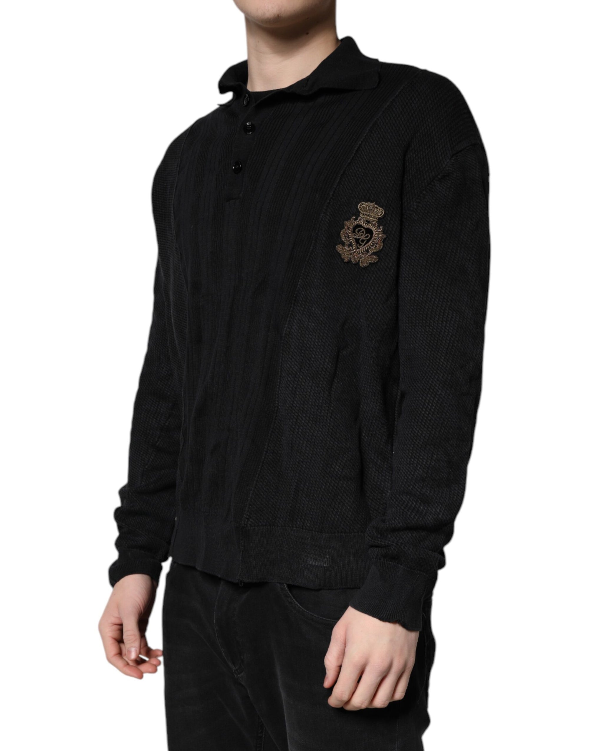 Dolce &amp; Gabbana Black Heraldic Silk Buttoned Pullover Sweater