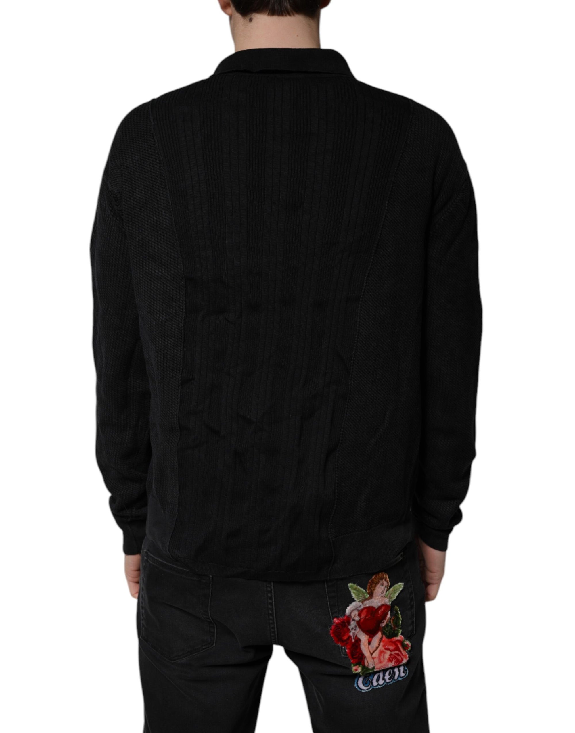 Dolce &amp; Gabbana Black Heraldic Silk Buttoned Pullover Sweater