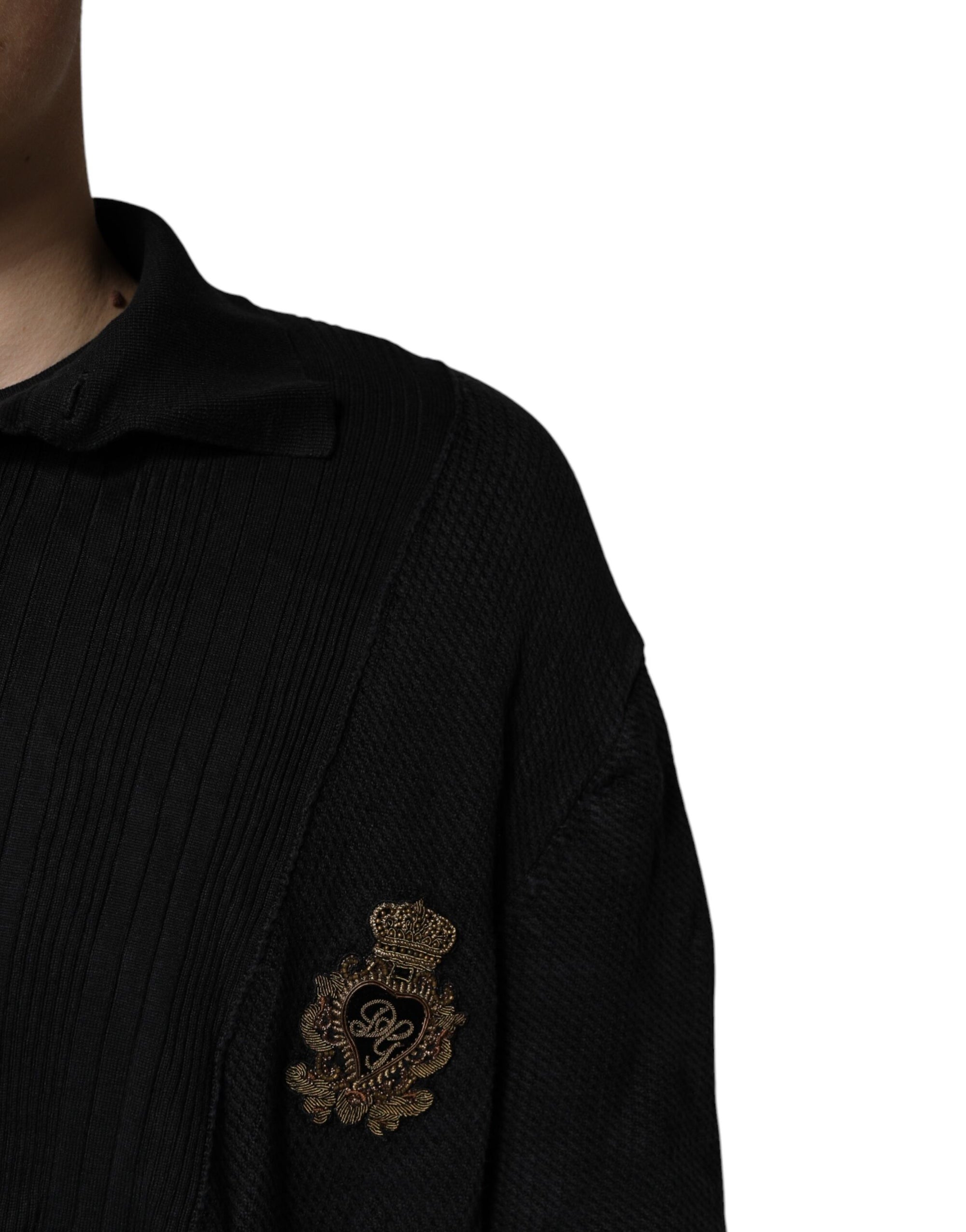 Dolce &amp; Gabbana Black Heraldic Silk Buttoned Pullover Sweater
