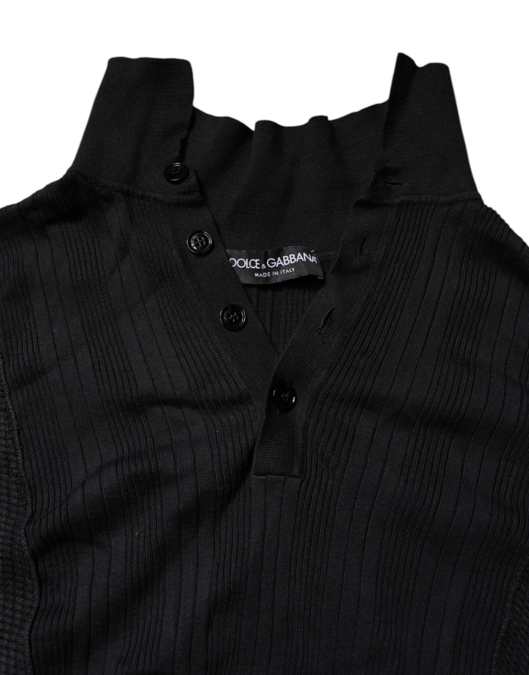 Dolce &amp; Gabbana Black Heraldic Silk Buttoned Pullover Sweater