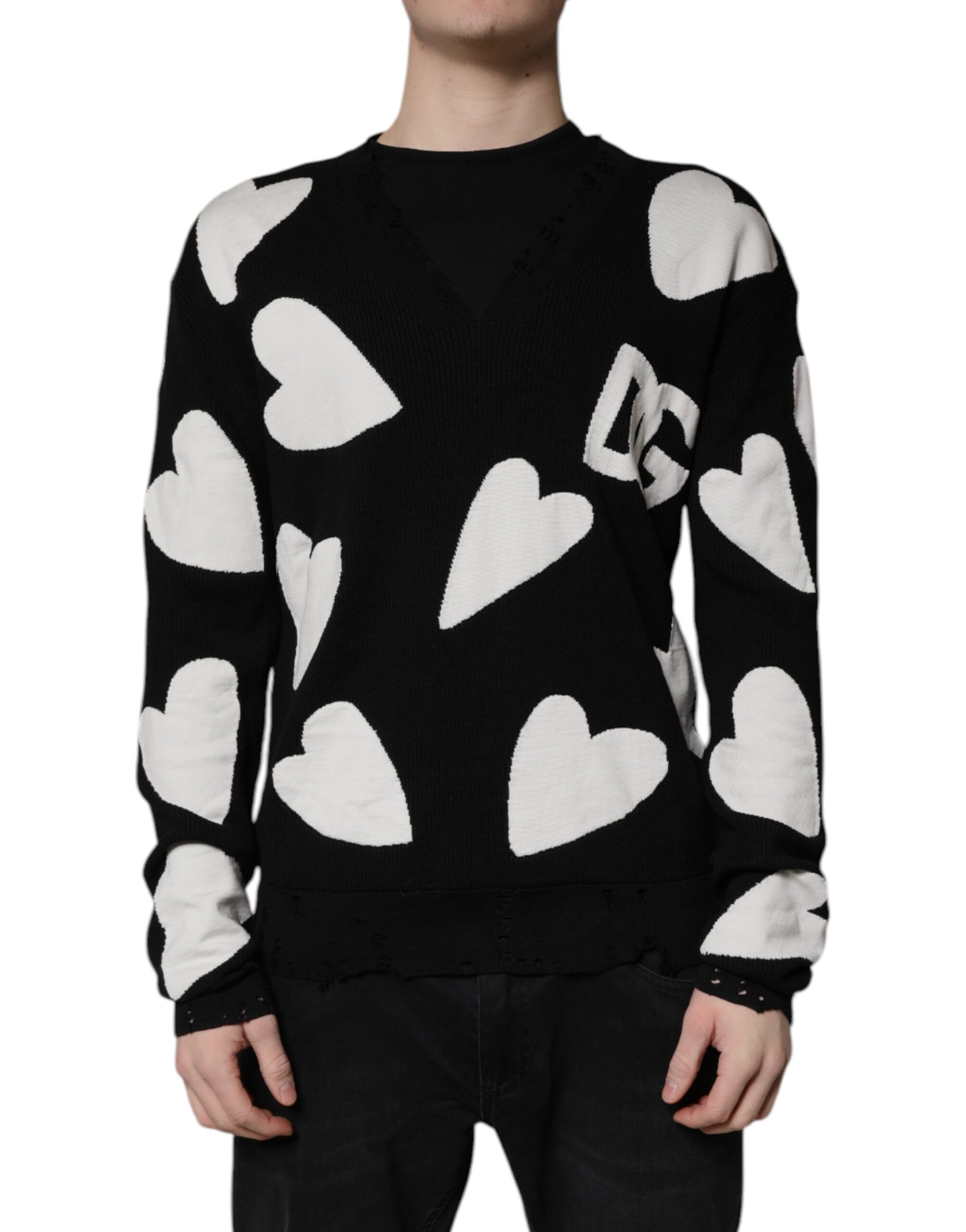 Dolce &amp; Gabbana Black Hearts Silk Crew Neck Pullover Sweater
