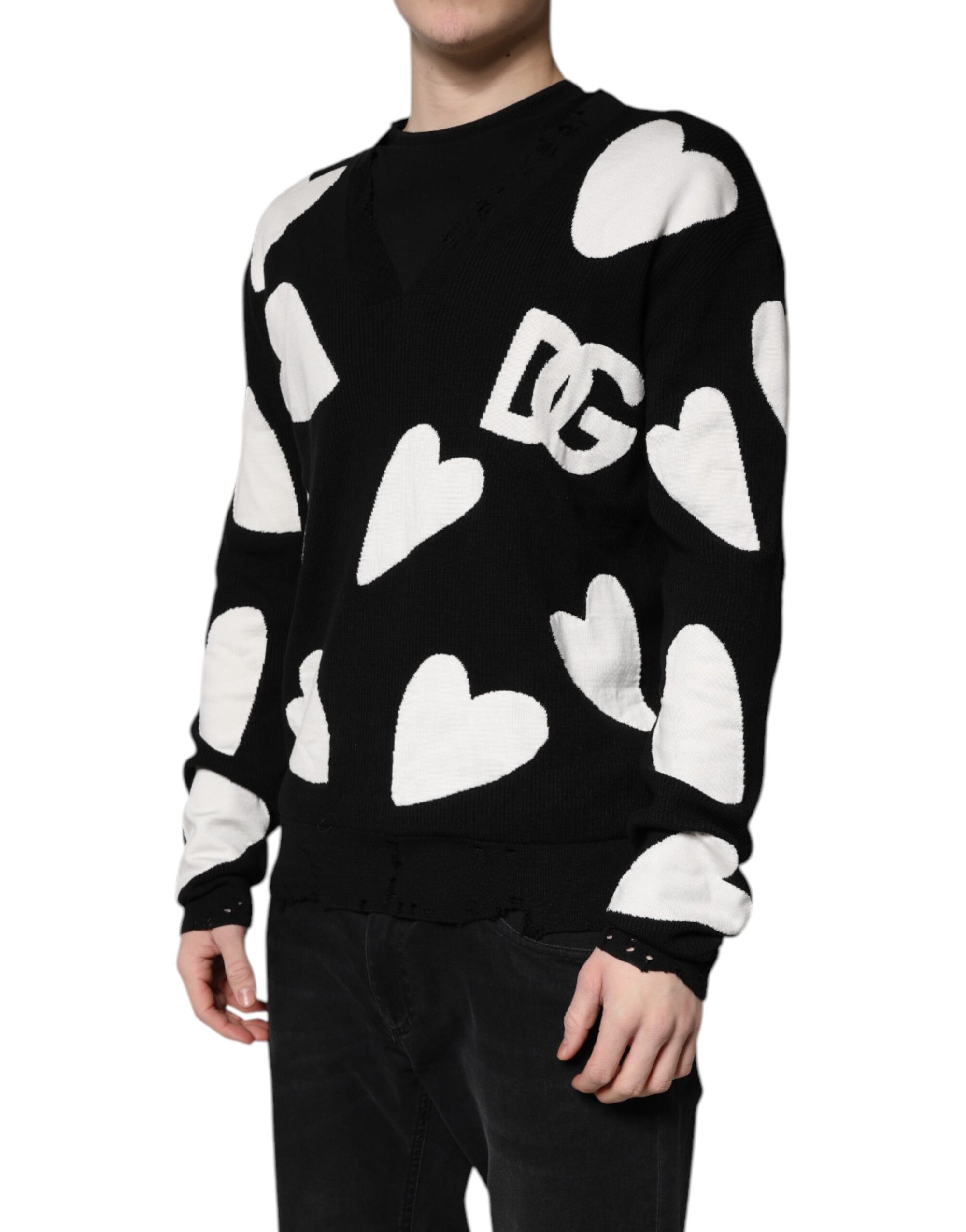 Dolce &amp; Gabbana Black Hearts Silk Crew Neck Pullover Sweater