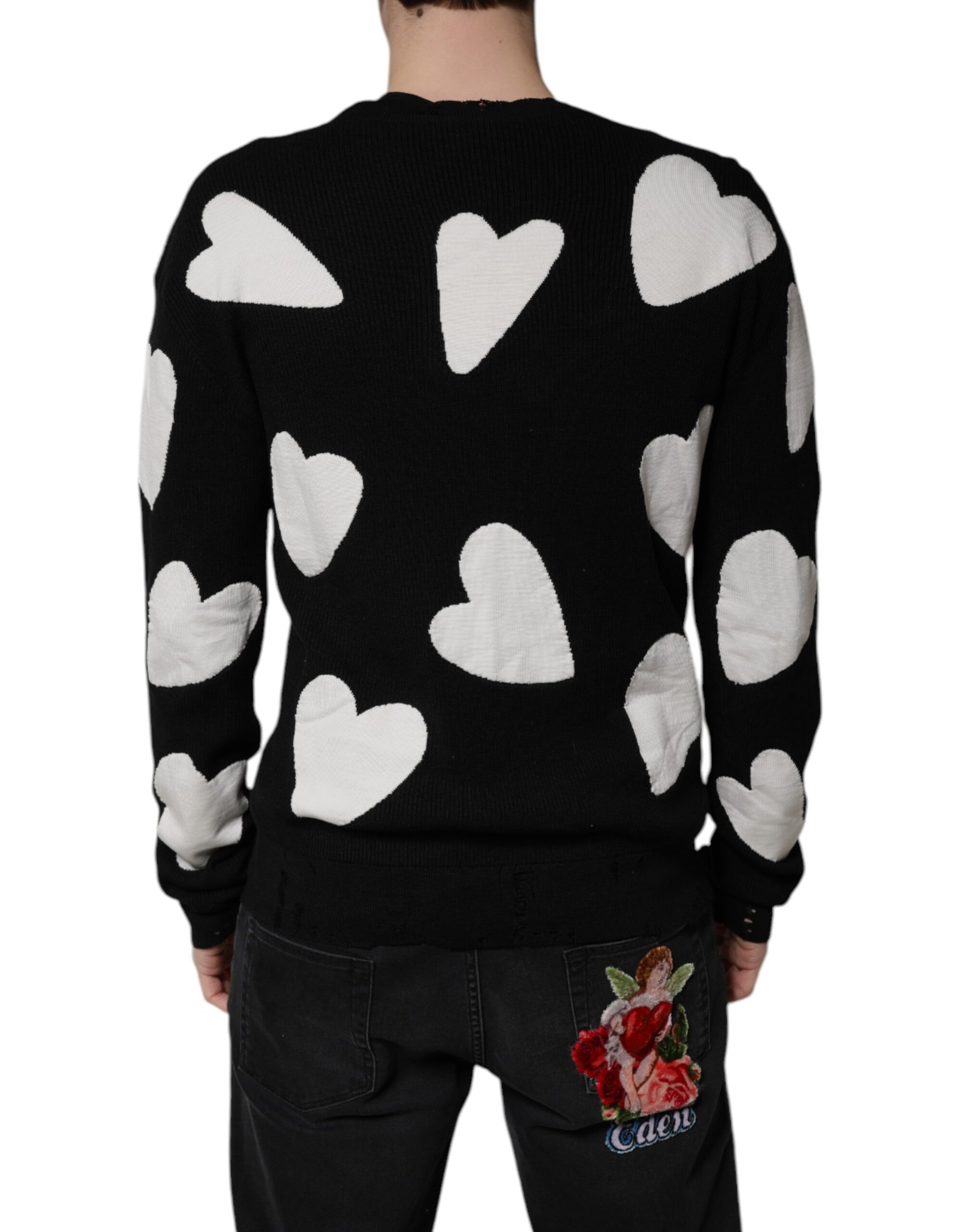 Dolce &amp; Gabbana Black Hearts Silk Crew Neck Pullover Sweater