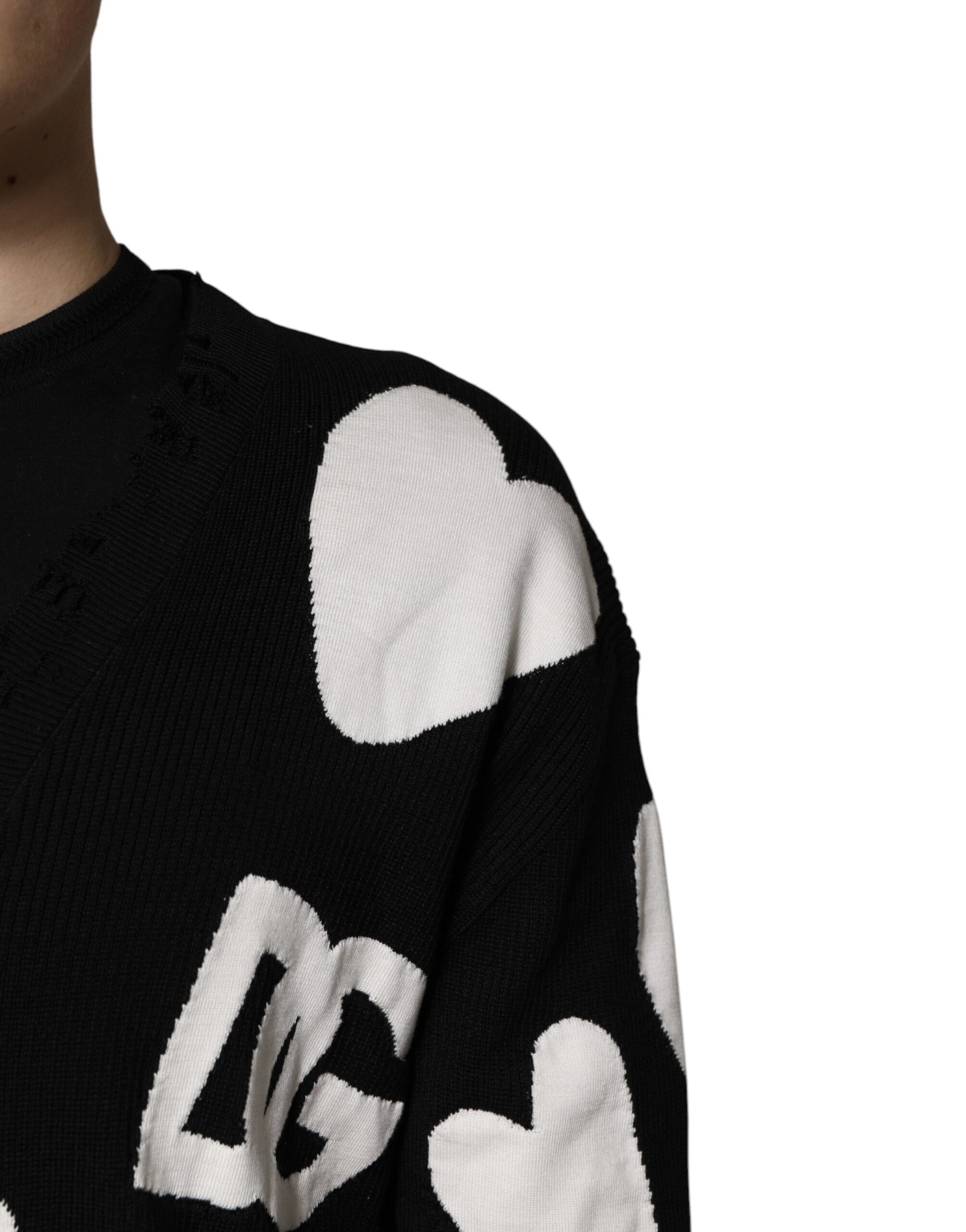 Dolce &amp; Gabbana Black Hearts Silk Crew Neck Pullover Sweater