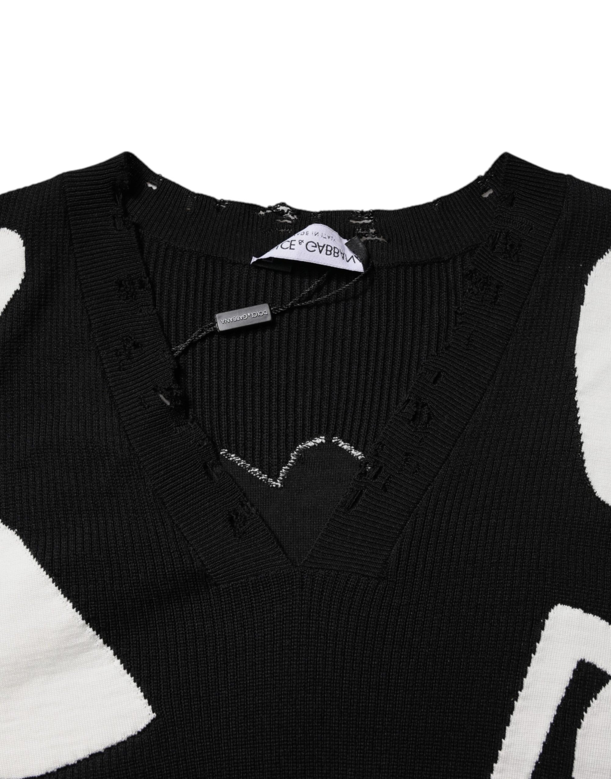 Dolce &amp; Gabbana Black Hearts Silk Crew Neck Pullover Sweater