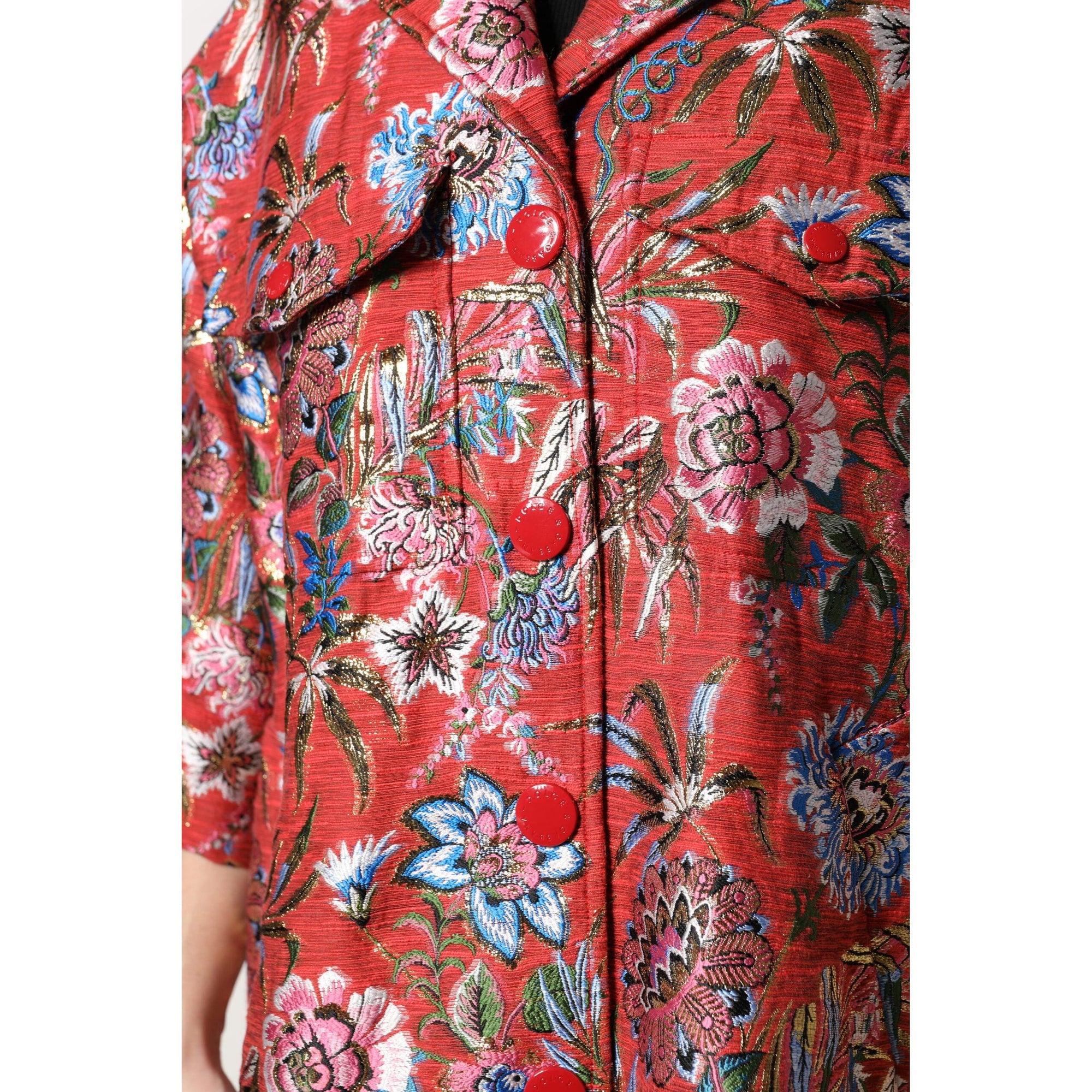 Dolce &amp; Gabbana Red Floral Jacquard Button Down Coat Jacket