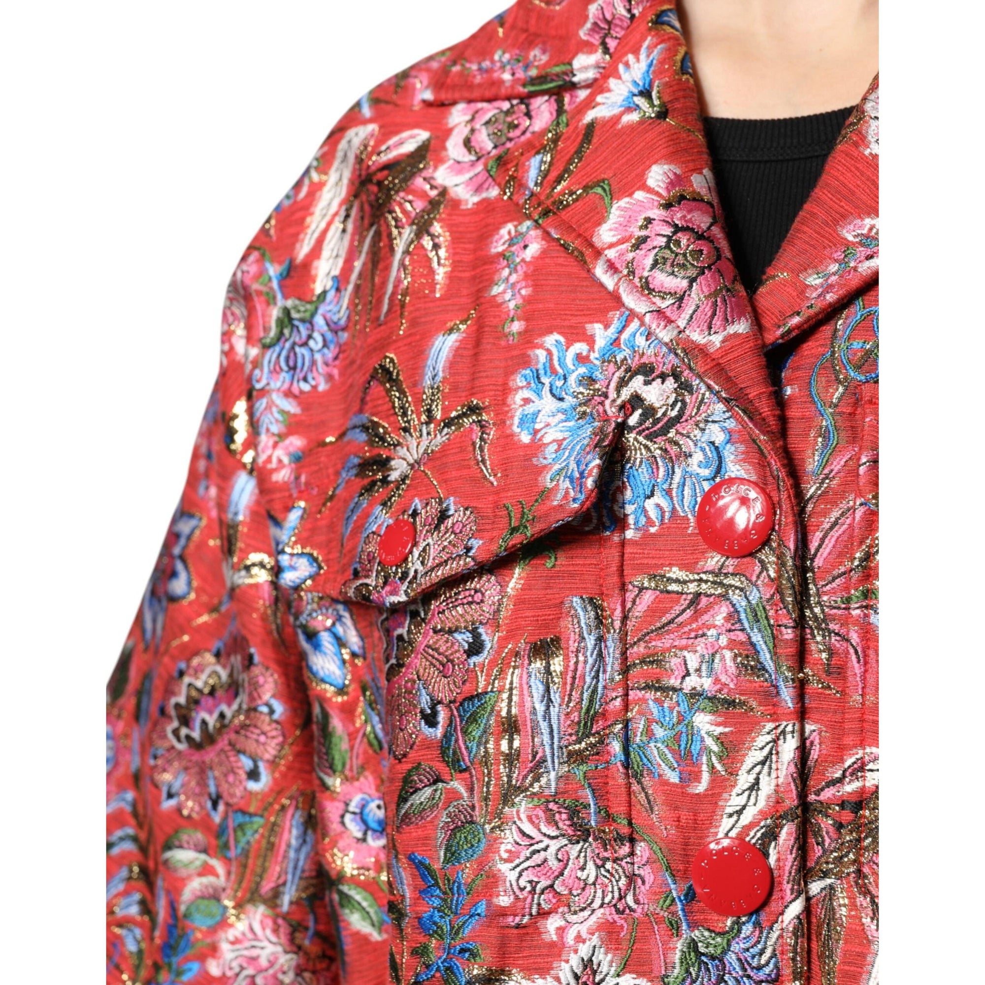 Dolce &amp; Gabbana Red Floral Jacquard Button Down Coat Jacket