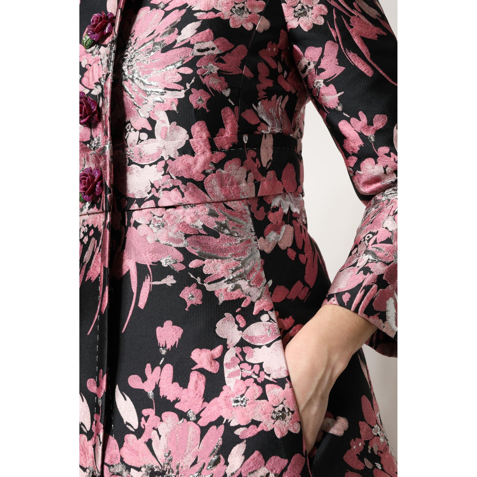 Dolce &amp; Gabbana Pink Black Floral Brocade Trenchcoat Jacket