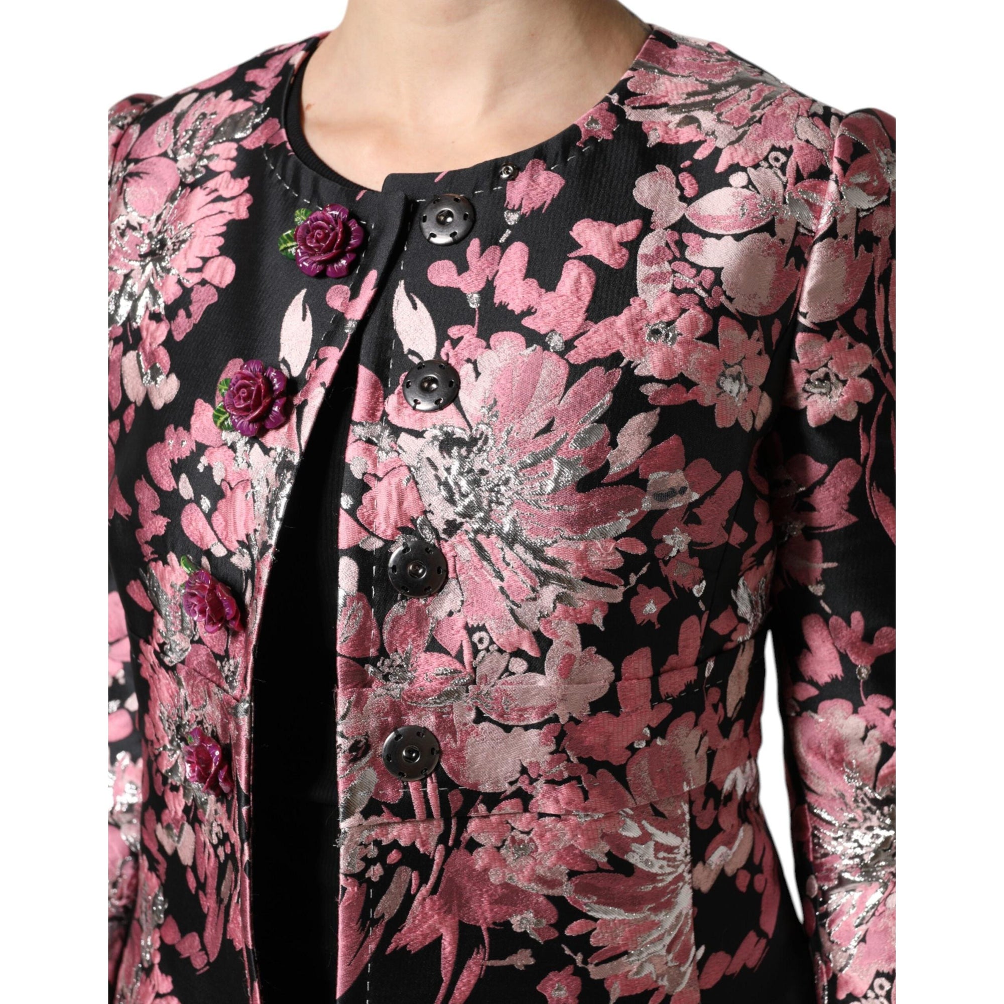 Dolce &amp; Gabbana Pink Black Floral Brocade Trenchcoat Jacket