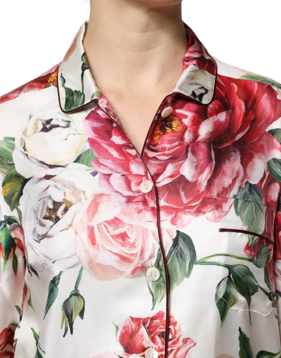 Dolce & Gabbana White Floral Silk Lounge Sleepwear Blouse Top