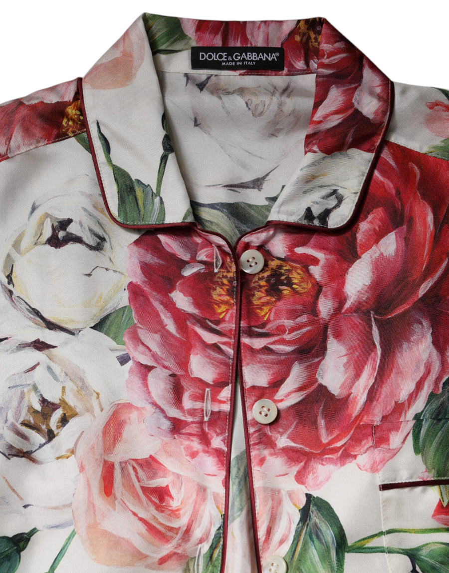 Dolce & Gabbana White Floral Silk Lounge Sleepwear Blouse Top