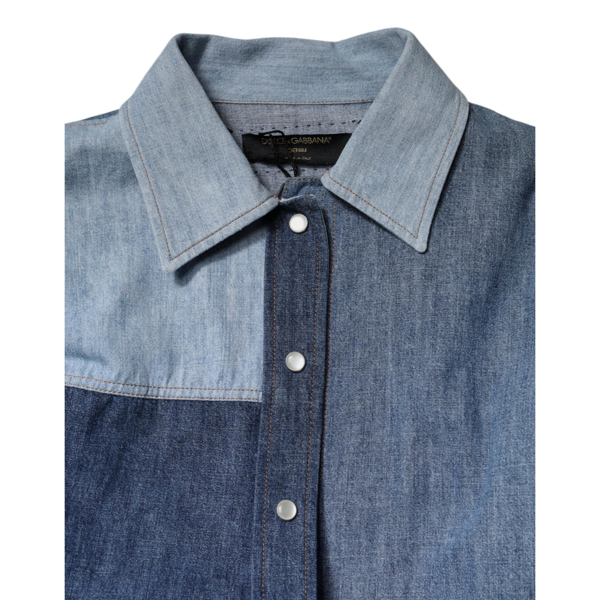 Dolce &amp; Gabbana Blue Cotton Button Up Collared Long Sleeve Top