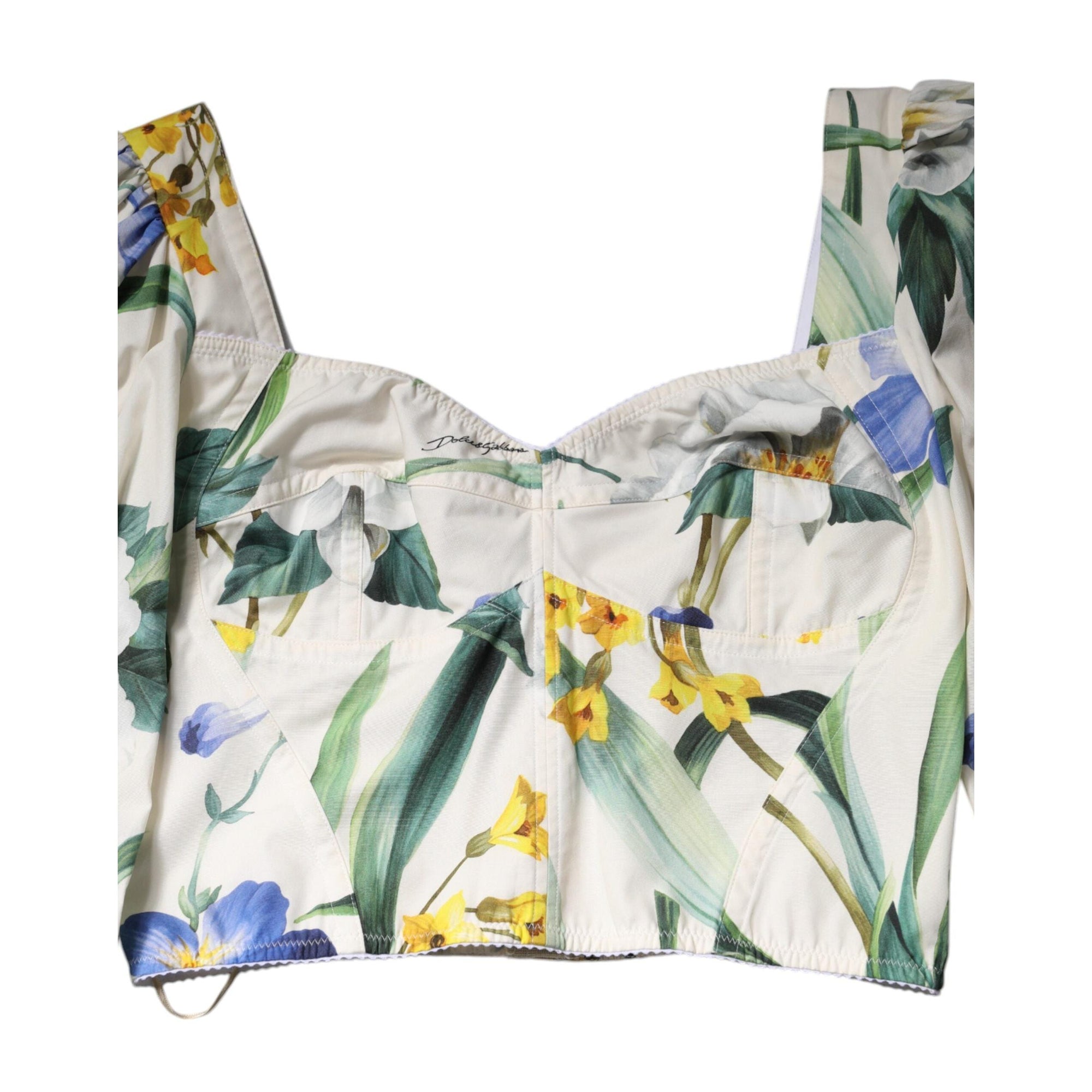 Dolce &amp; Gabbana White Floral Puff Sleeves Crop Blouse Top