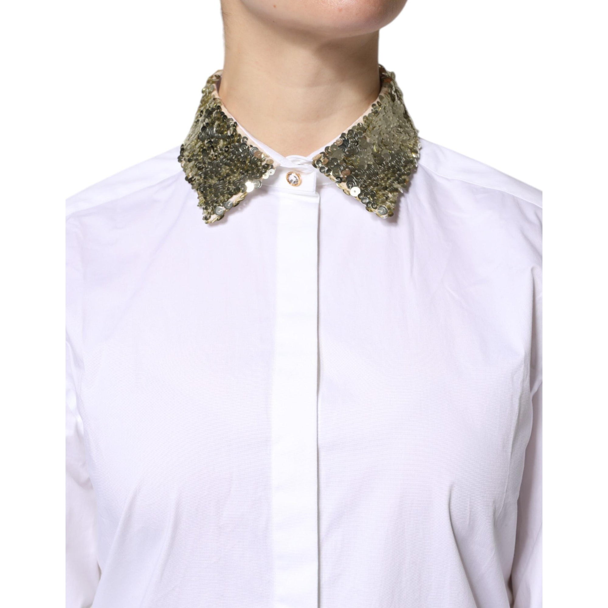 Dolce &amp; Gabbana White Cotton Long Sleeves Sequin Shirt Top