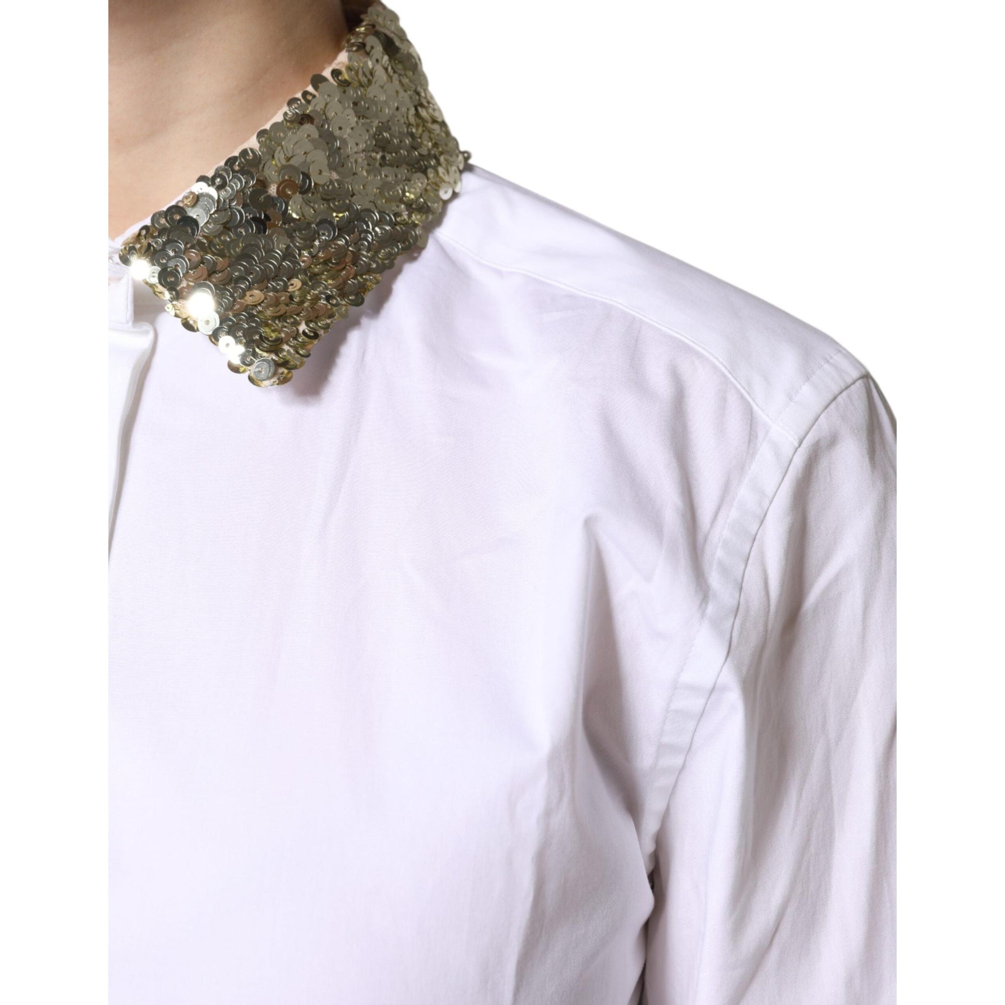 Dolce &amp; Gabbana White Cotton Long Sleeves Sequin Shirt Top