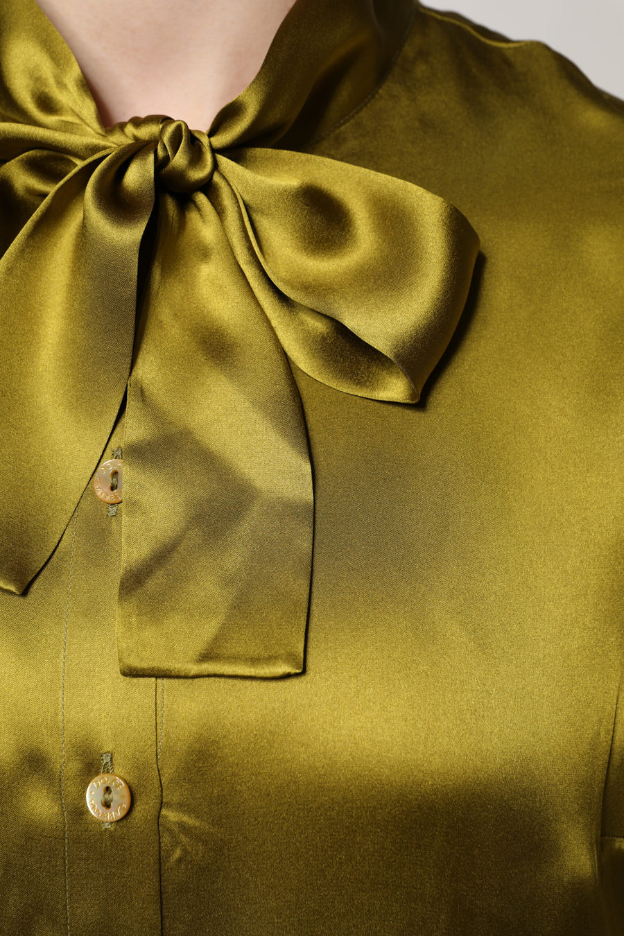 Dolce & Gabbana Olive Green Ascot Collar Long Sleeve Blouse Top