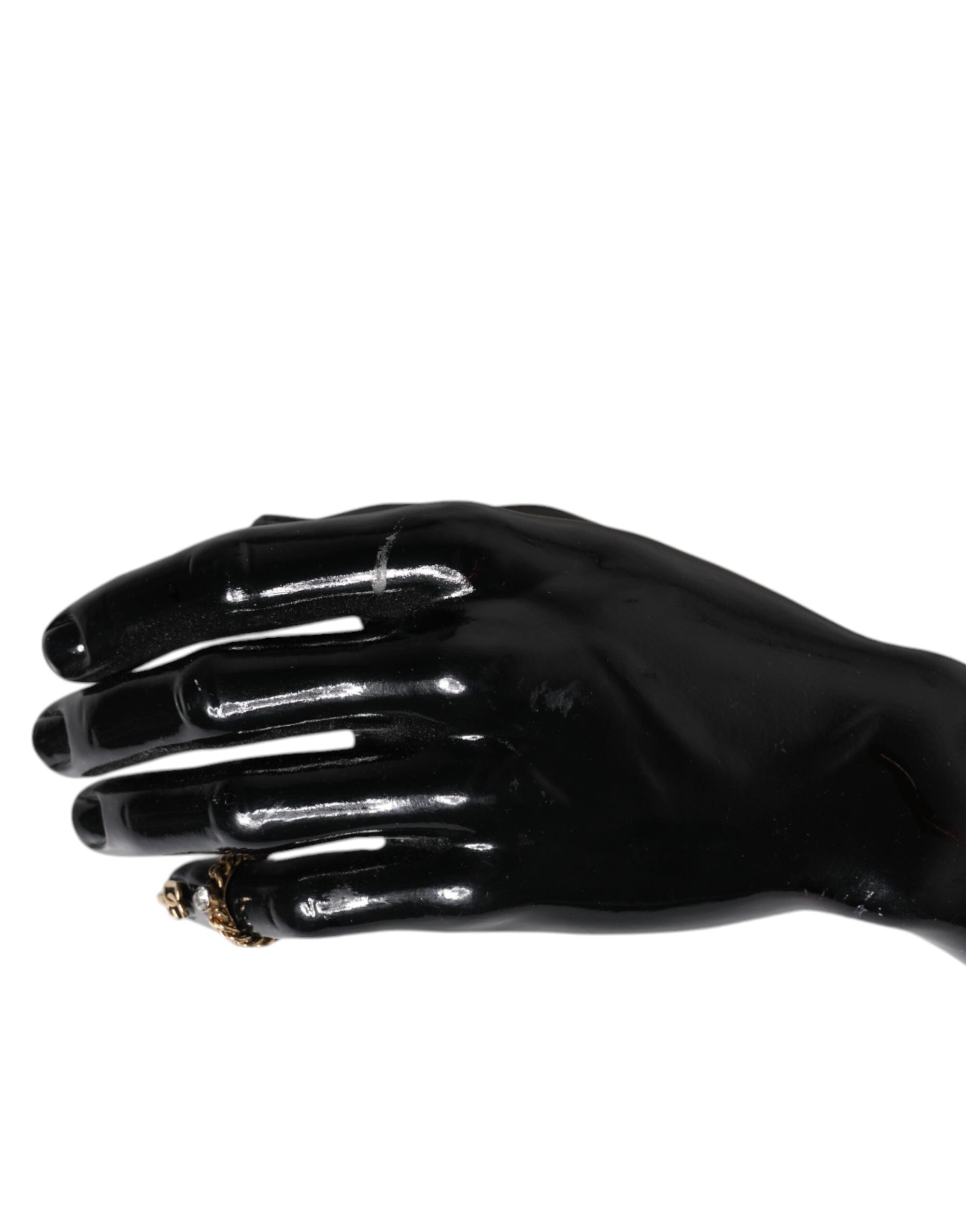 Dolce &amp; Gabbana Gold Tone Engraved Logo Clear Crystals Adjustable Ring