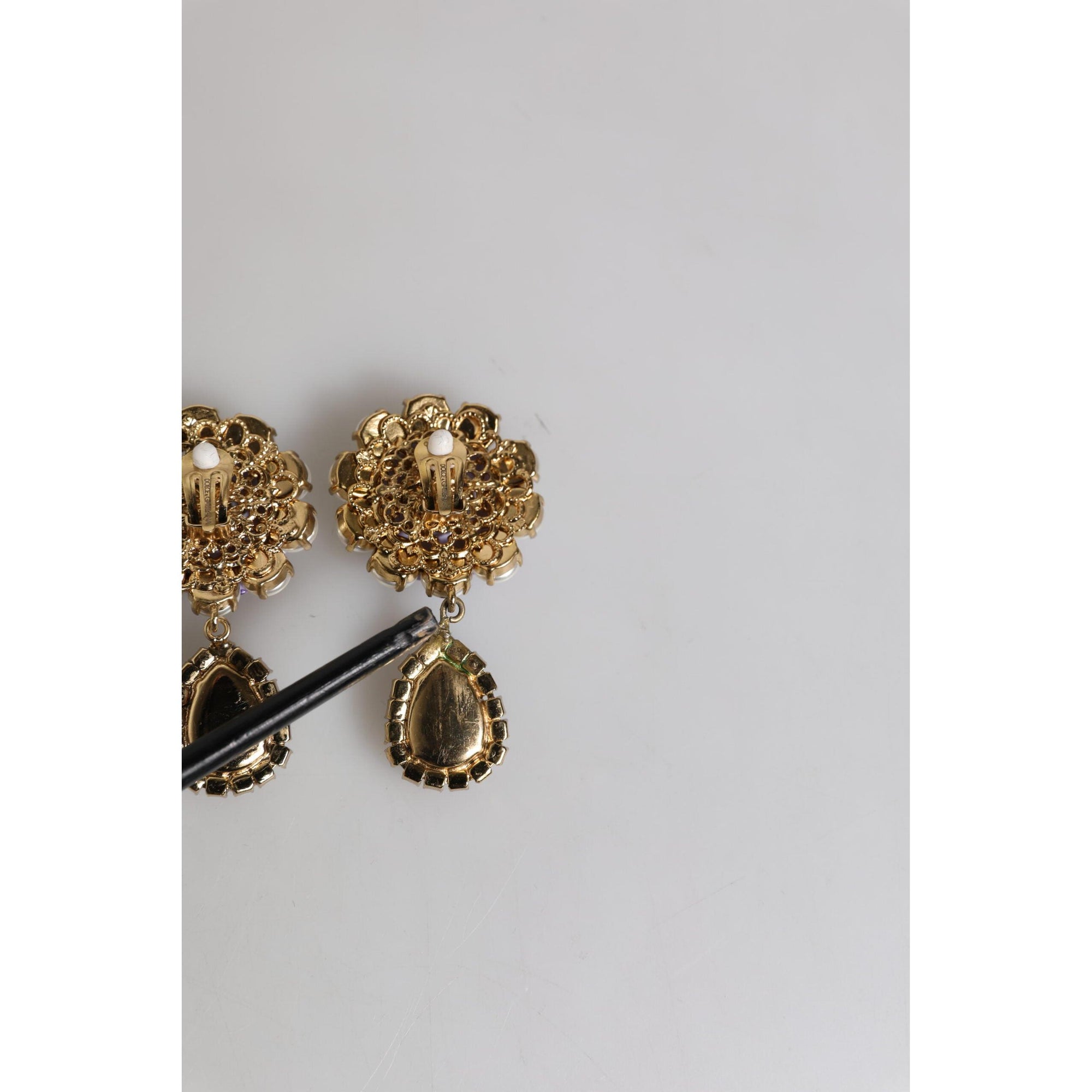 Dolce &amp; Gabbana Purple Flower Pearl Teardrop Crystals Clip On Earrings