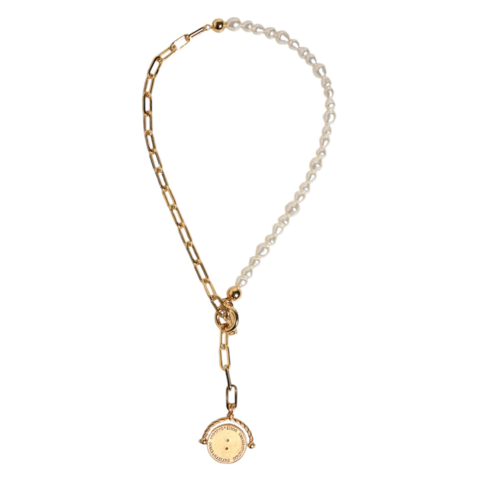 Dolce &amp; Gabbana Gold Chain Brass Faux Pearl Charm Logo Pendant Necklace