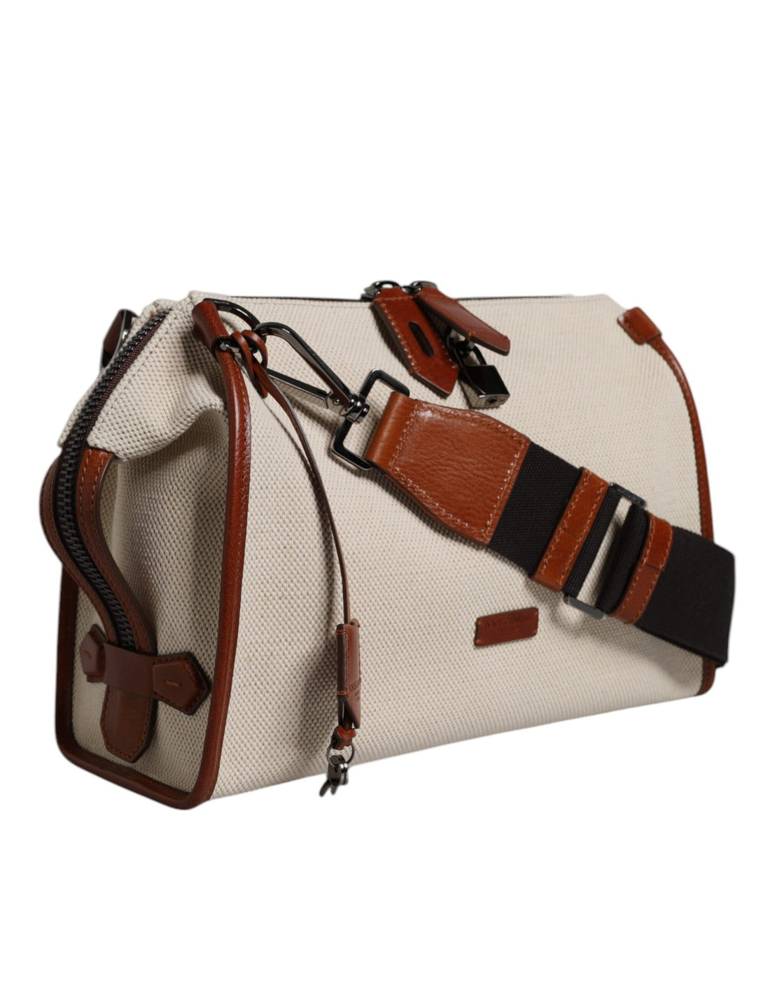 Dolce & Gabbana Beige Brown Cotton Leather Duffle Shoulder Bag
