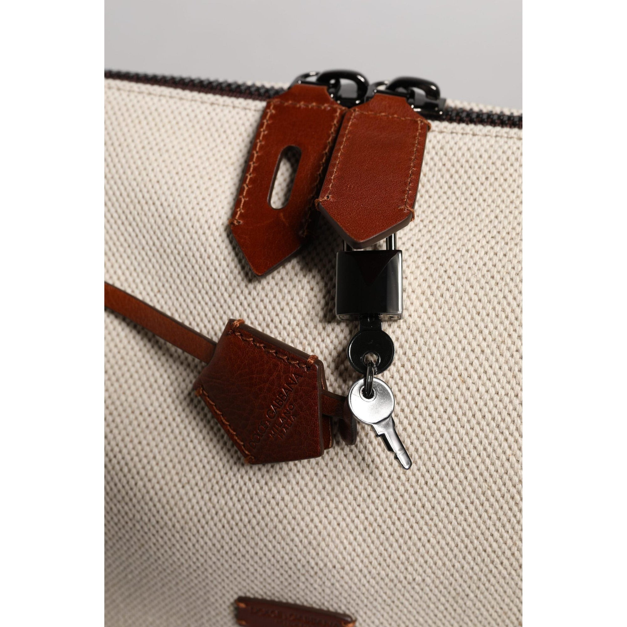 Dolce &amp; Gabbana Beige Brown Cotton Leather Duffle Shoulder Bag