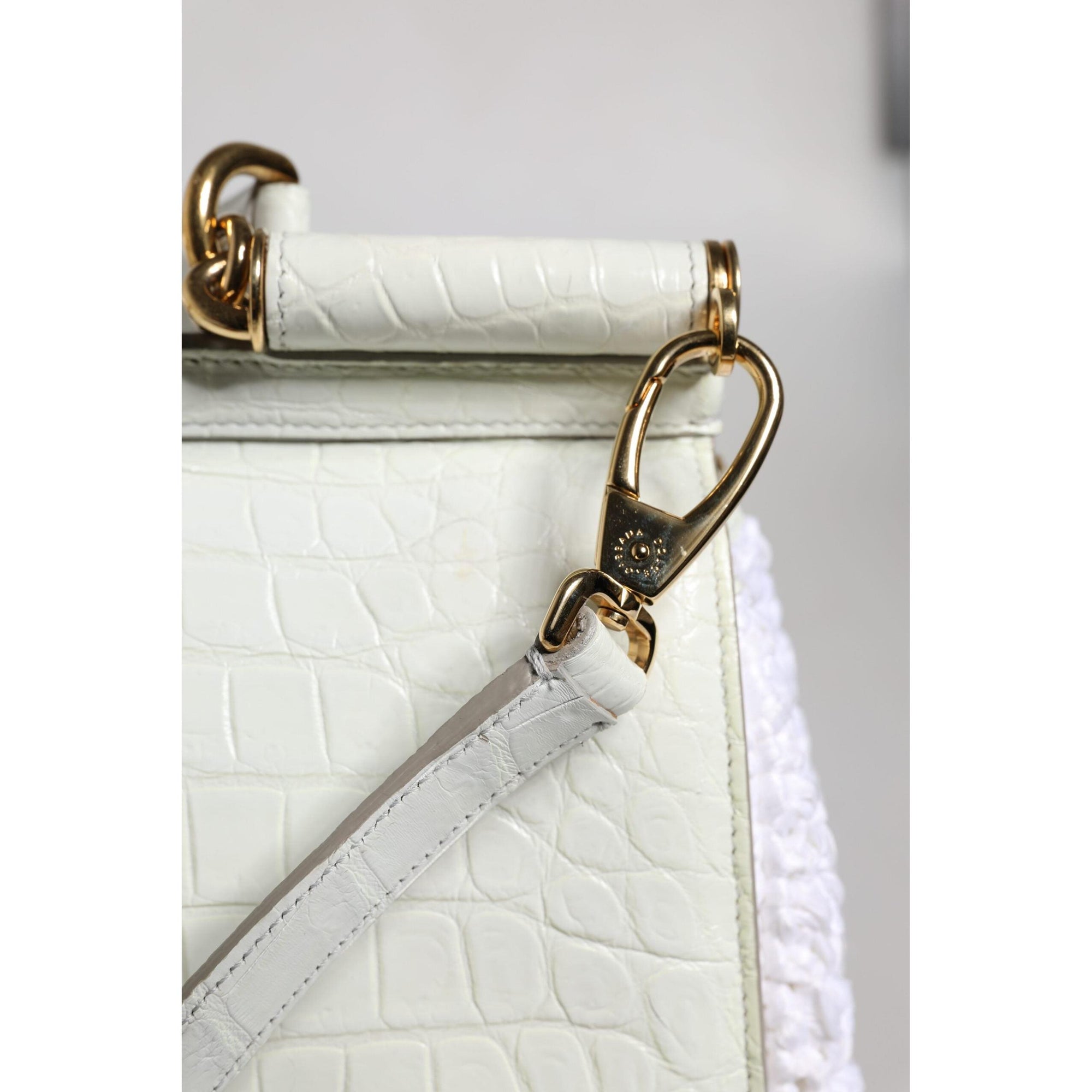 Dolce &amp; Gabbana White Rafia Leather Top Handle Crossbody Bag