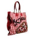 Dolce & Gabbana Red Checkered Embellished Shopping Tote Cotton Bag