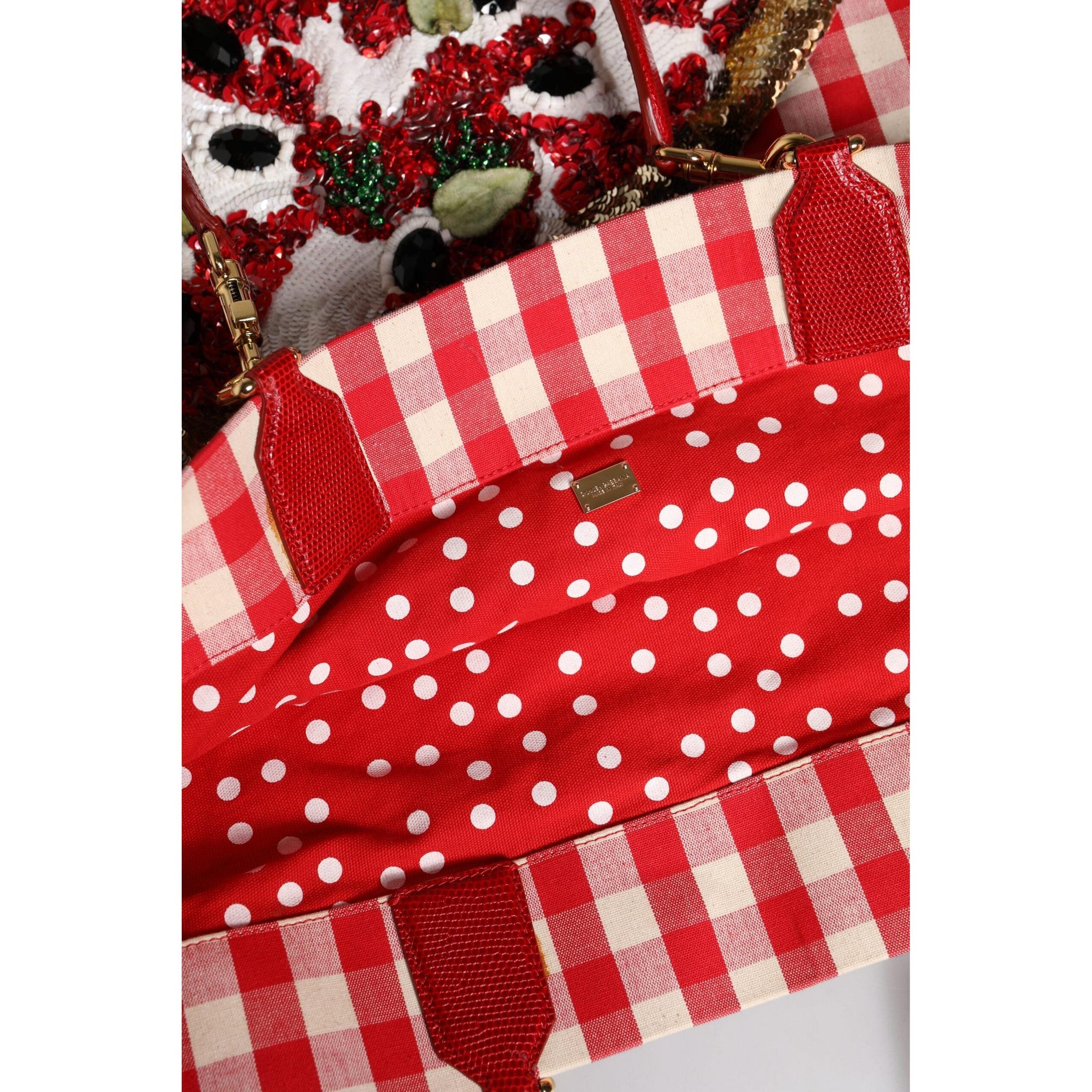 Dolce &amp; Gabbana Red Checkered Embellished Shopping Tote Cotton Bag