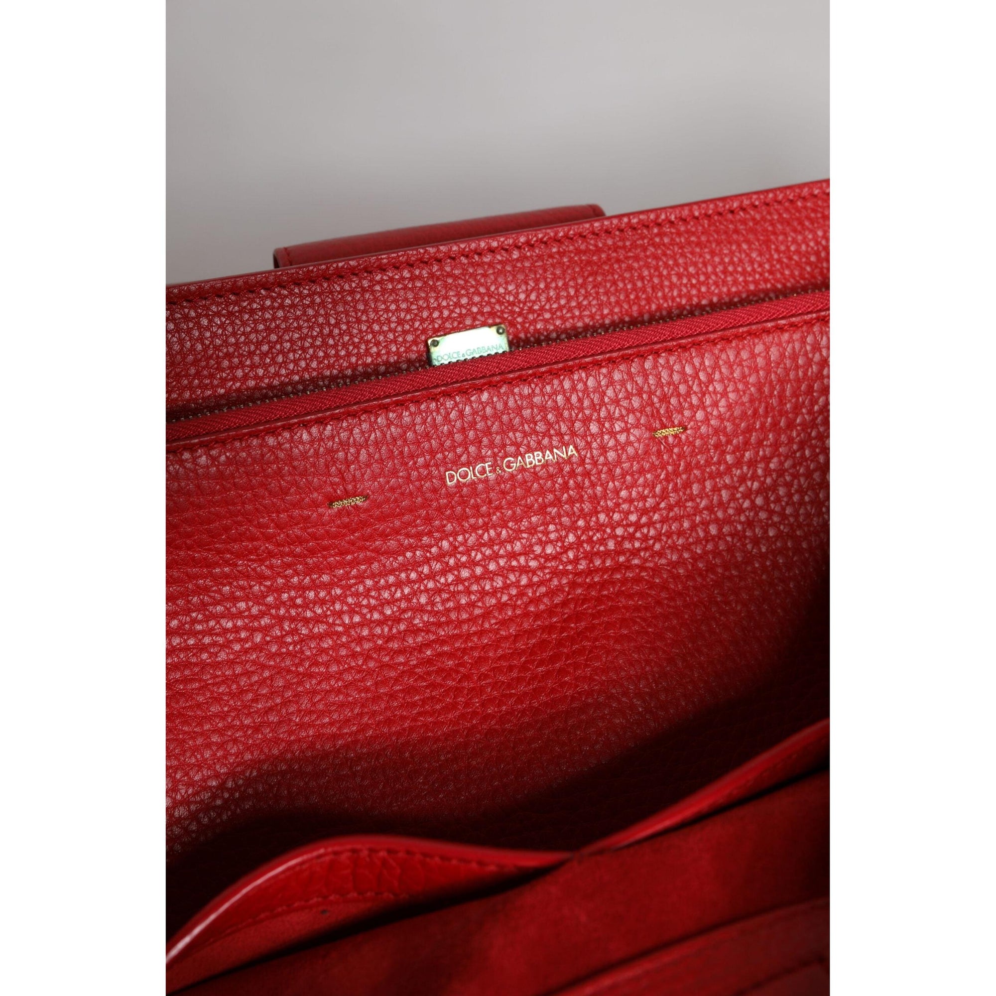 Dolce &amp; Gabbana Red Calfskin Leather Logo Plaque Top Handle Bag