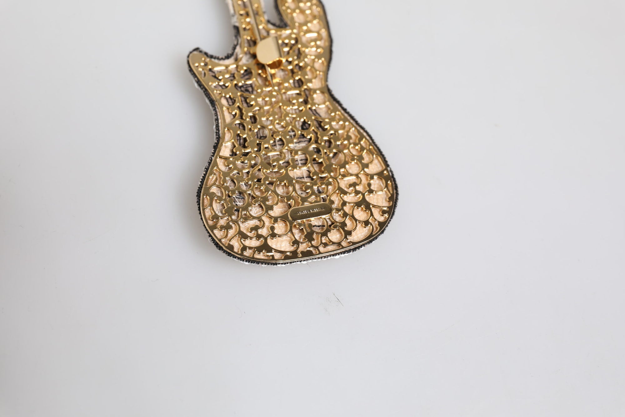 Dolce &amp; Gabbana Gold Brass Logo Beaded Guitar Pin Brooch