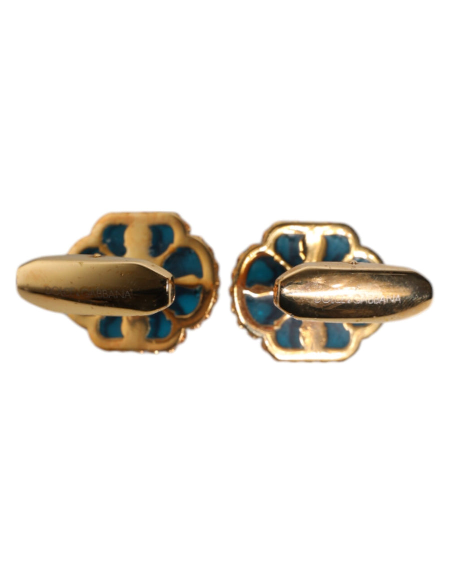 Dolce & Gabbana Gold Brass Blue Enameled Flower Cufflink