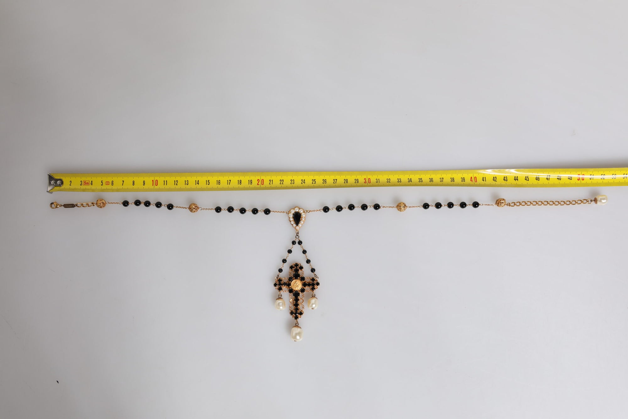Dolce &amp; Gabbana Gold Brass Black Beaded Chain Rosary Pendant Necklace