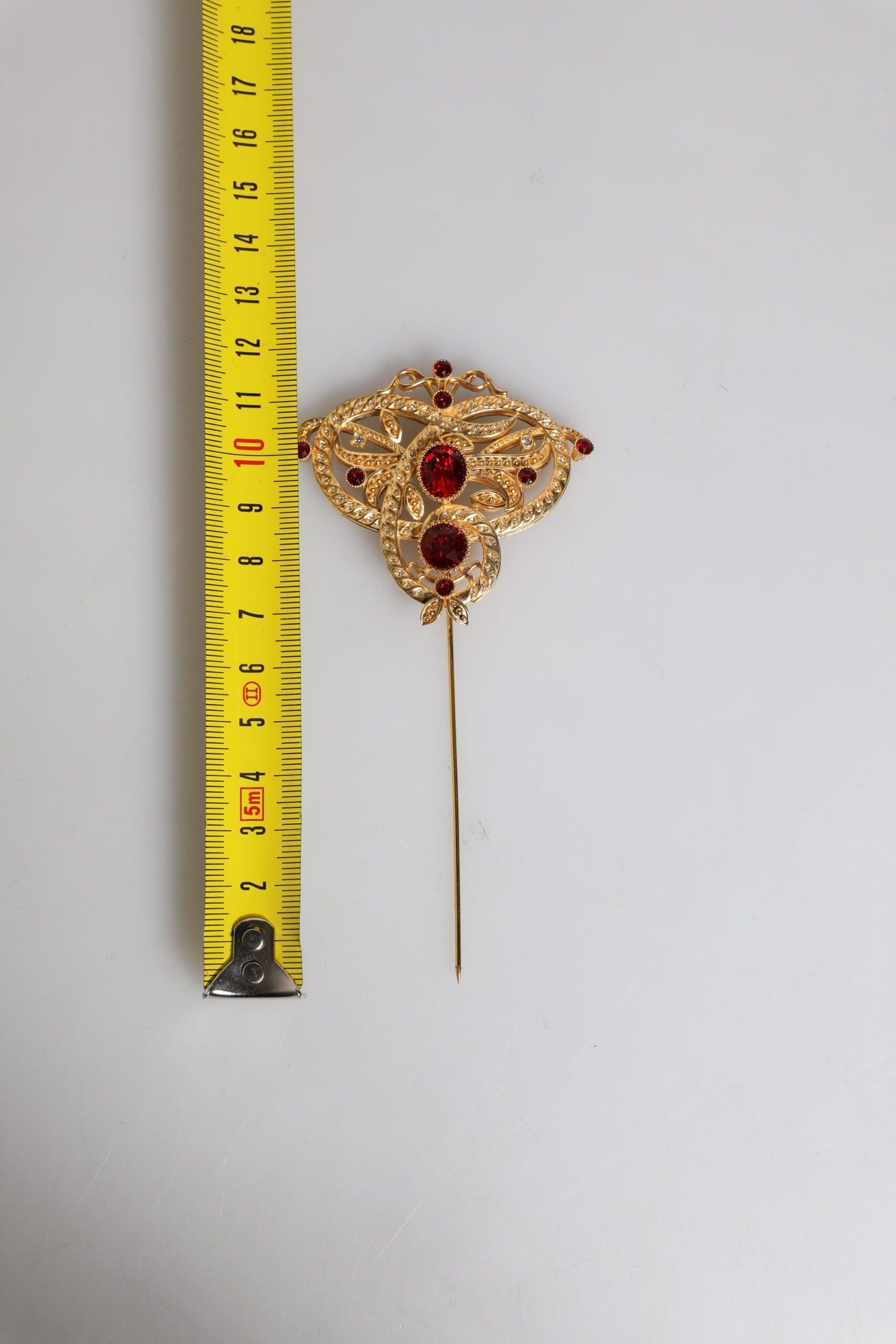 Dolce &amp; Gabbana Gold Tone Red Crystal Embellish 925 Sterling Silver Pin