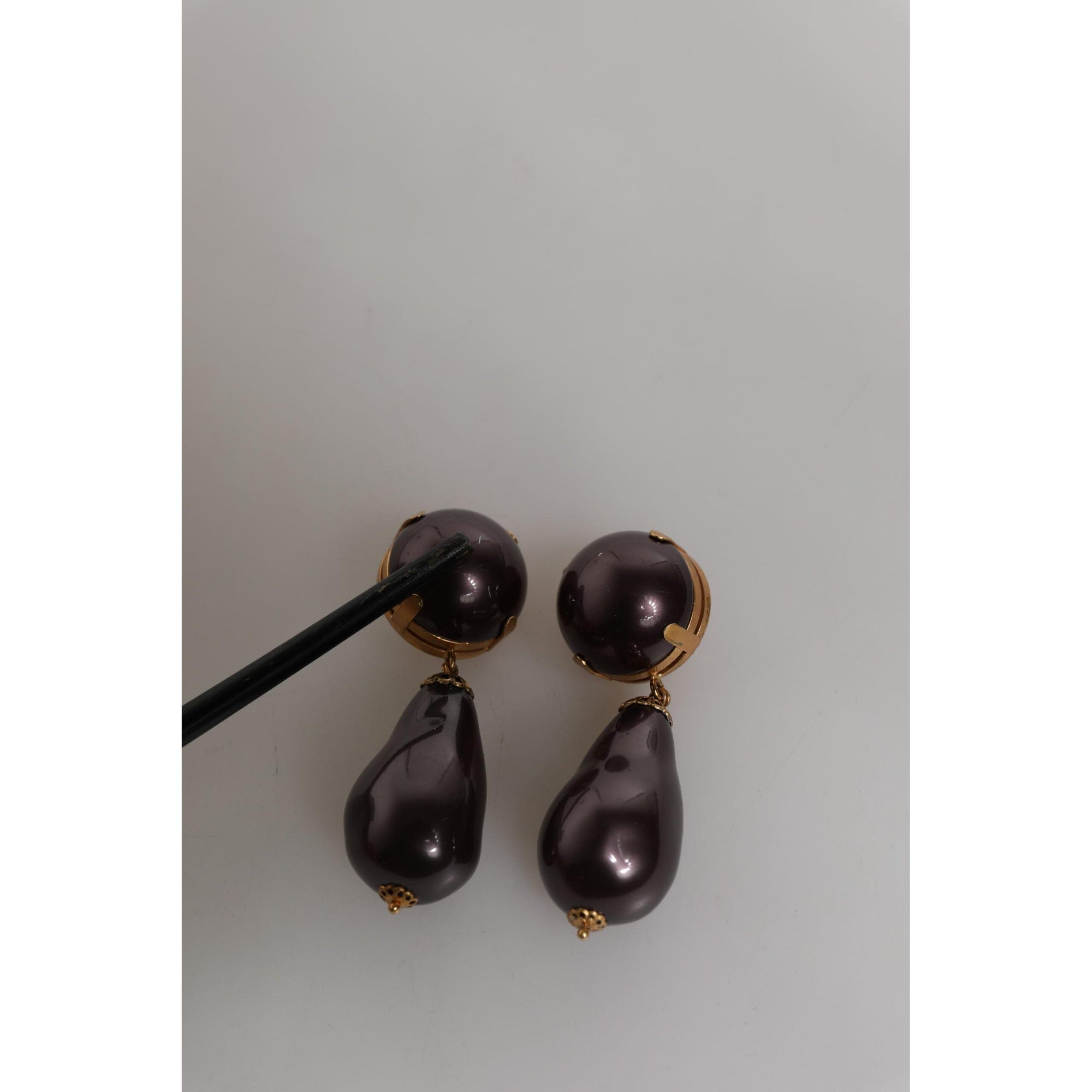 Dolce &amp; Gabbana Gold Brass Black Pearl Clip On Dangling Jewelry Earrings