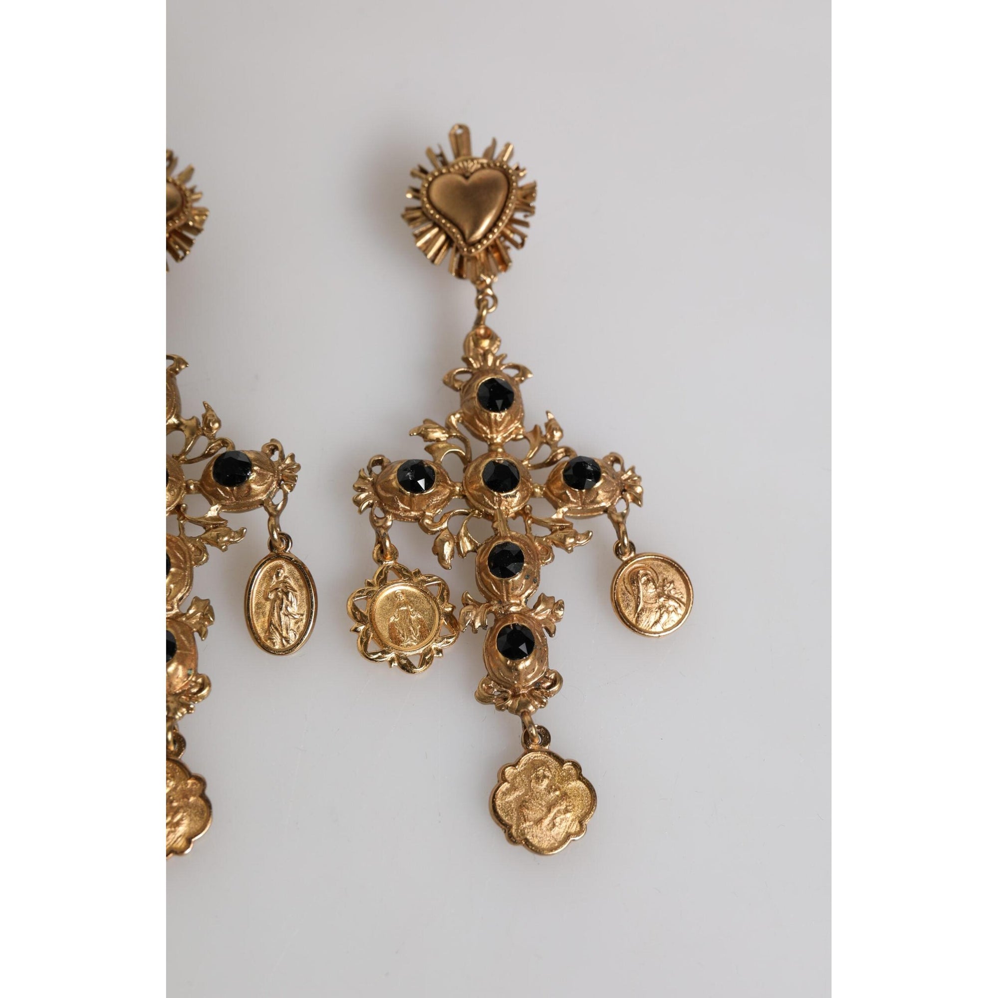 Dolce &amp; Gabbana Gold Black Crystal Cross Sacred Heart Dangling Earrings
