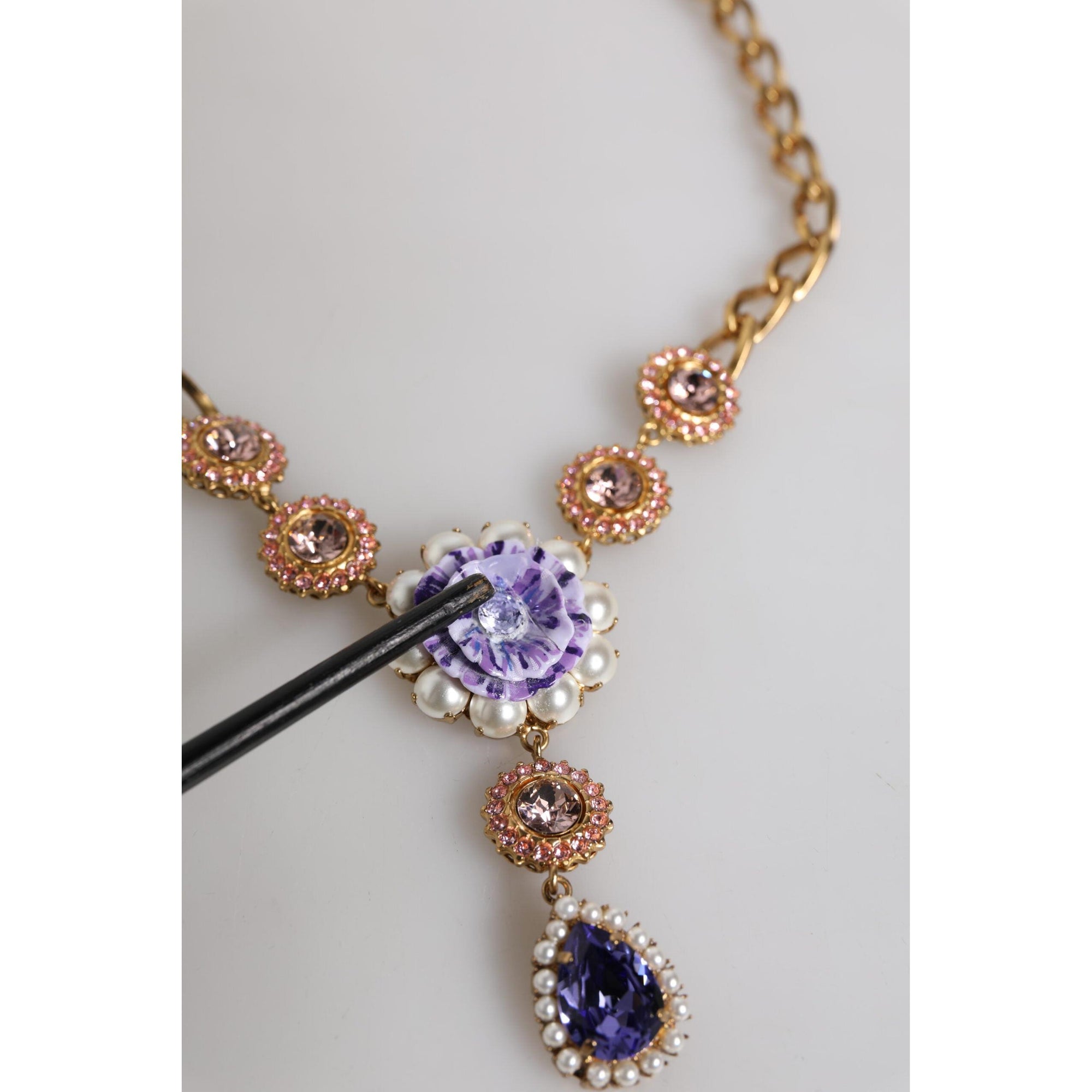 Dolce &amp; Gabbana Gold Brass Floral Crystals Pearl Embellished Necklace