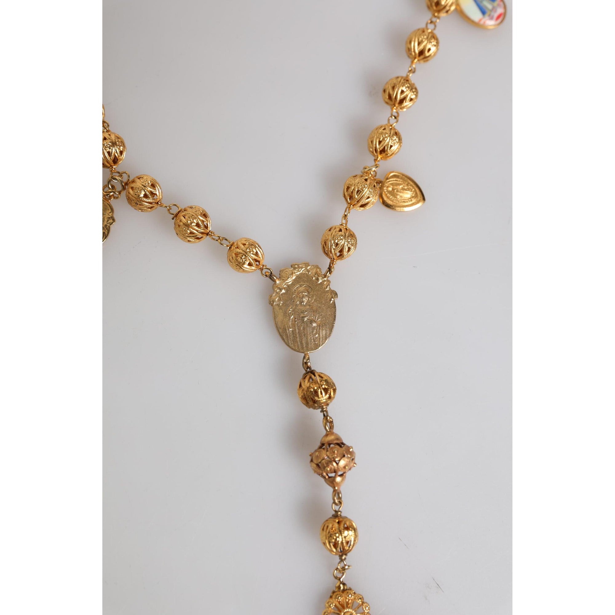 Dolce &amp; Gabbana Gold Tone Chain Brass Beaded Statement Sicily Necklace