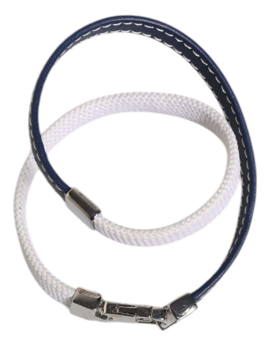 Dolce & Gabbana Blue White Leather Trimmed DG Engraved Silver Tone Clasp Bracelet