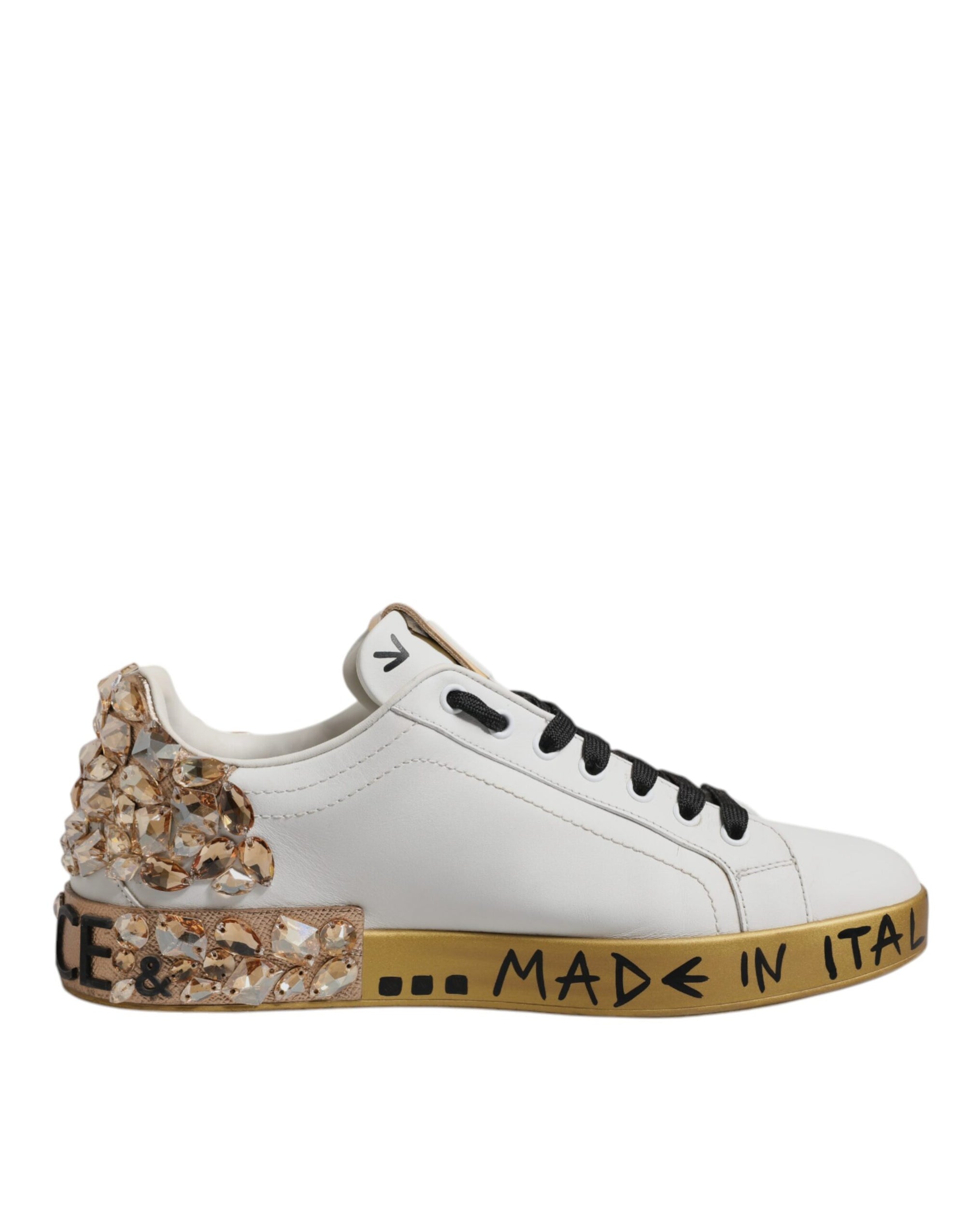 Dolce &amp; Gabbana White Gold Crystal Logo Portofino Sneakers  Shoes