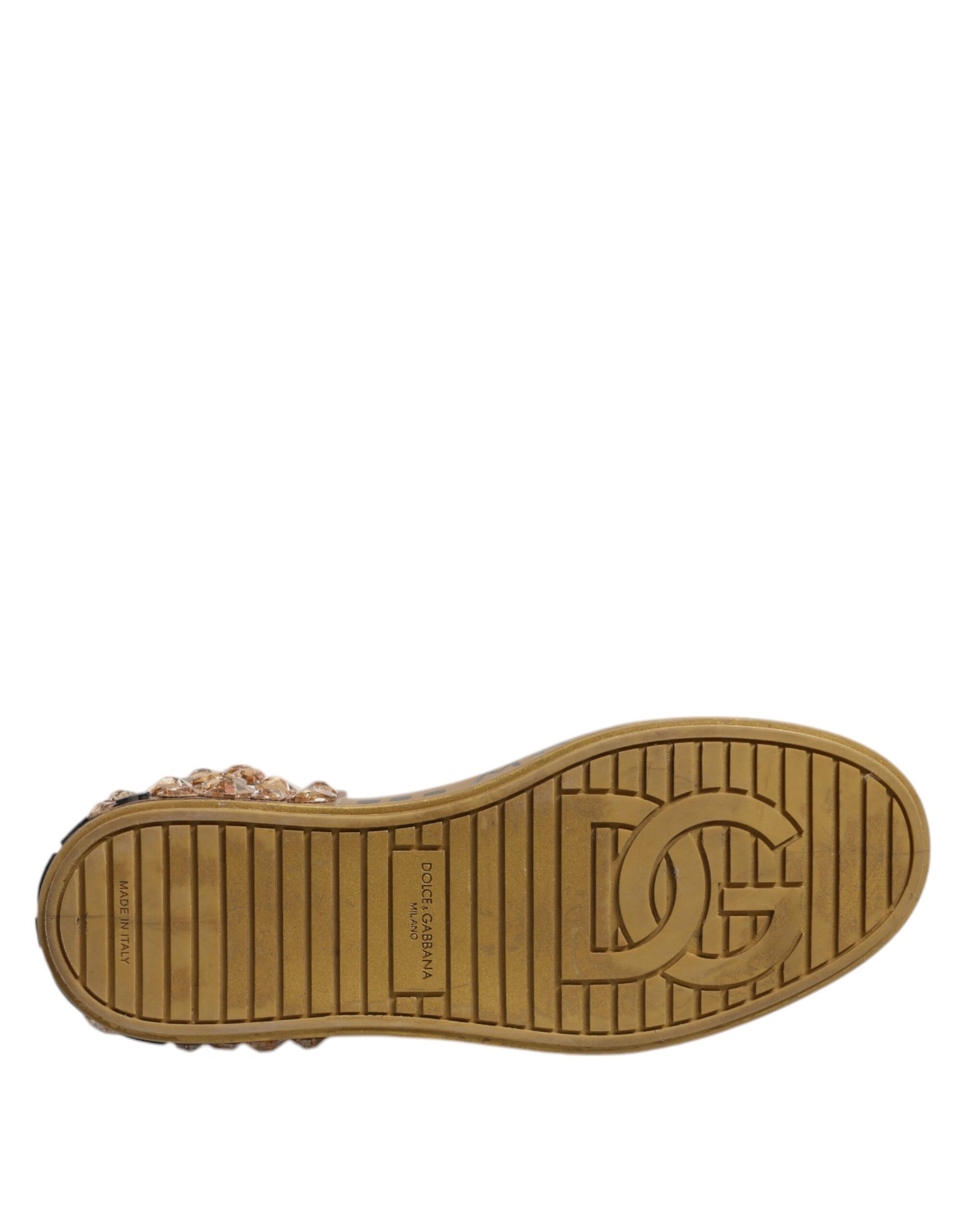 Dolce &amp; Gabbana White Gold Crystal Logo Portofino Sneakers  Shoes